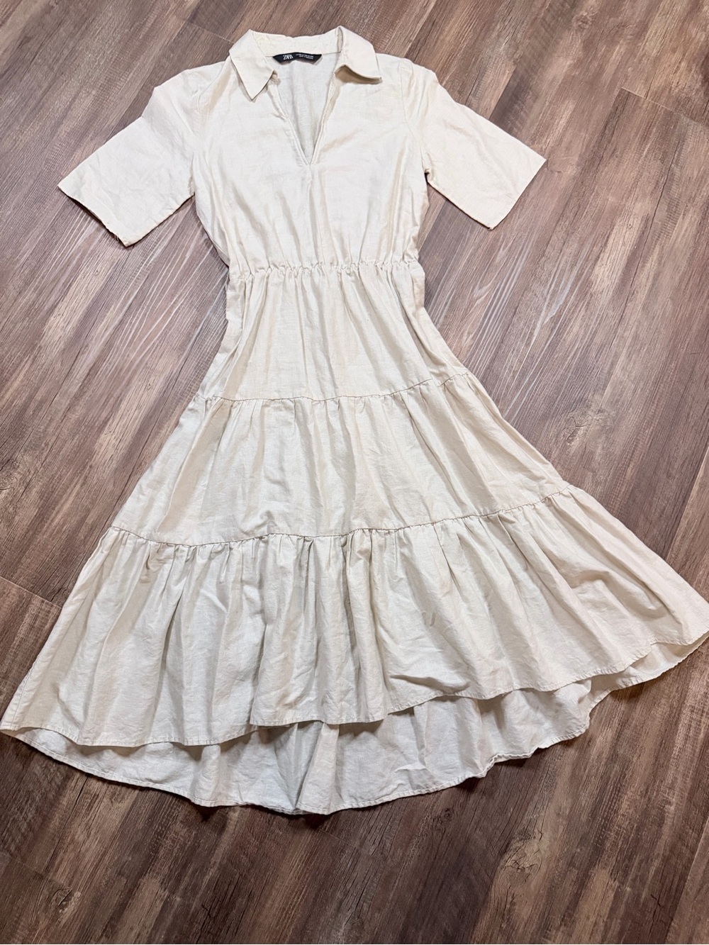 Zara Cream Linen Cotton Tiered Midi Shirt Dress | XS | Like New - Picture 3 of 9